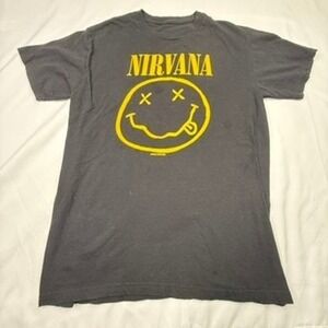 Nirvana Smiley Face T Shirt Black Yellow Band Music Concert Tee